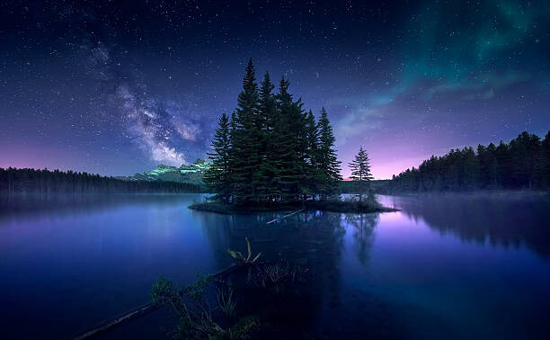 Poster Milky way and Aurora Borealis at Two Jack Lake