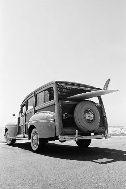 Poster Old Woodie Station Wagon with Surfboard