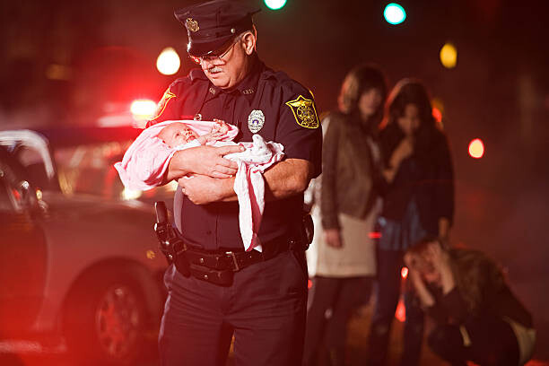 Poster Police officer rescuing a baby
