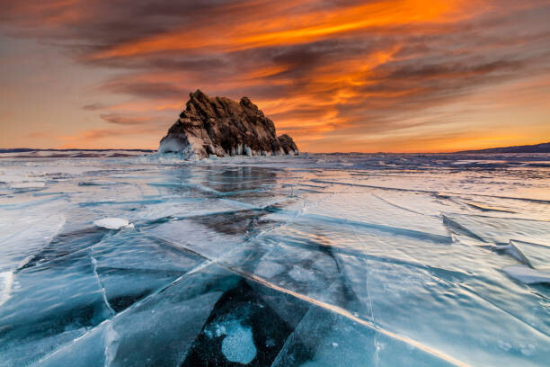 Poster Sunset on Lake Baikal in winter near Elenka island