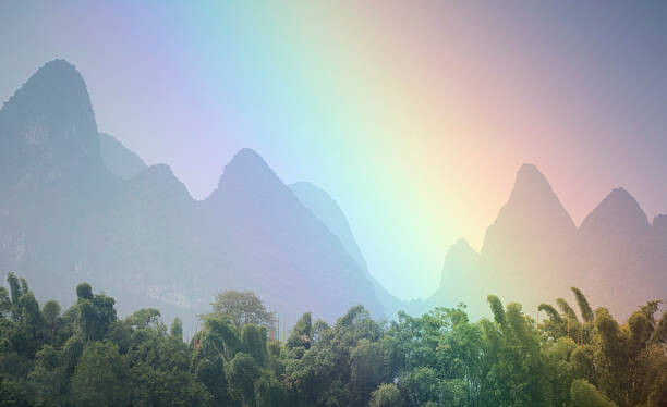 Poster View of rainbow by mountains.