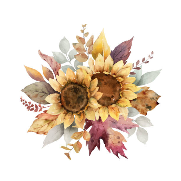 Poster Watercolor vector autumn bouquet with sunflower,