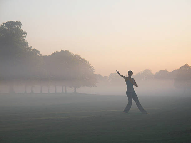 Poster Woman practicing yoga in foggy field