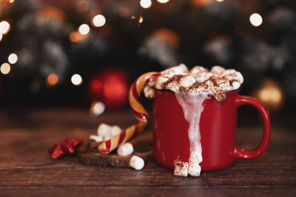 Poster wooden desk space red mug and xmas tree