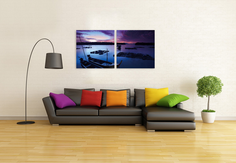 Small boats in the sea at night sky Mounted Art Print