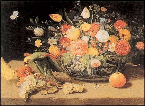 Art Print Still Life of Flowers and a Parrot
