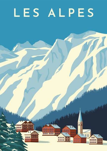 Valokuvatapetti Alps travel retro poster, vintage banner.