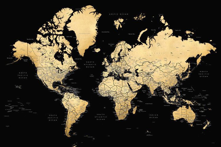 Valokuvatapetti Black and gold detailed world map with cities, Eleni
