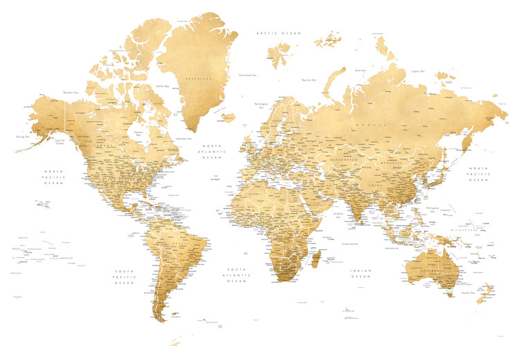 Valokuvatapetti Gold world map with cities, Rossie