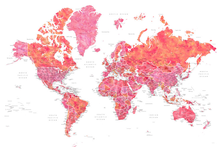 Valokuvatapetti Hot pink and coral detailed world map with cities, Tatiana