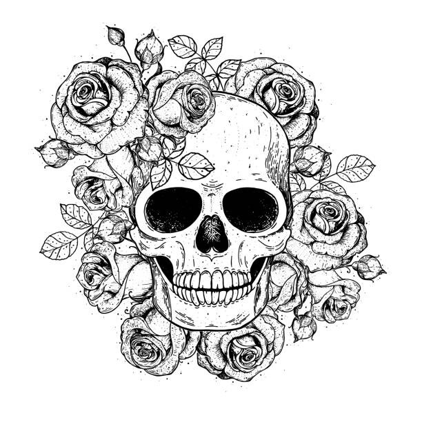 Valokuvatapetti Skull and flowers hand drawn illustration.