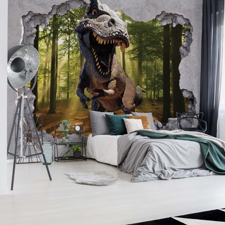 Dinosaur 3d Jumping Out Of Hole In Wall Wall Paper Mural Buy At Europosters