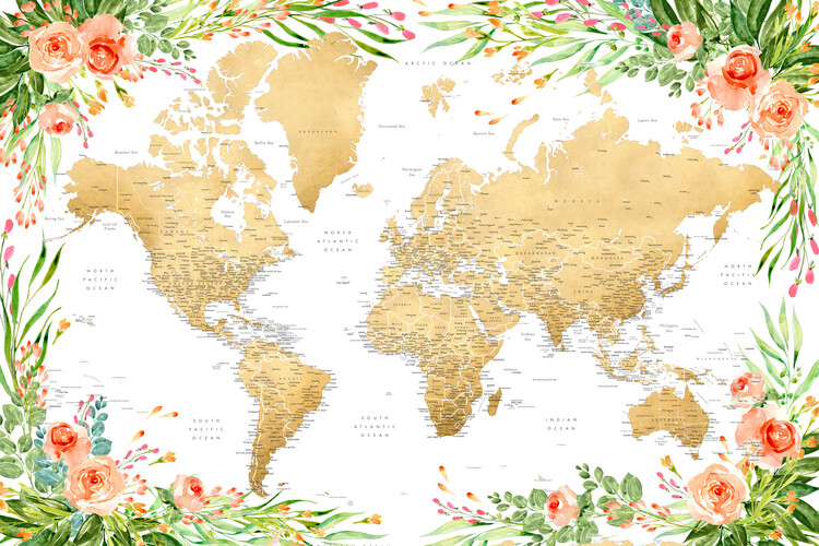 Wallpaper Mural Floral bohemian world map with cities, Blythe