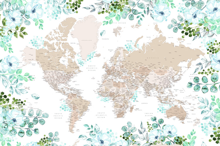 Wallpaper Mural Floral bohemian world map with cities, Leanne
