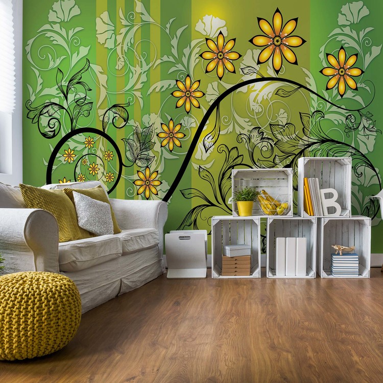 Modern Fl Design With Swirls Green And Yellow Wallpaper Mural Modern Fl Design With Swirls Green And Yellow Wallpaper Mural