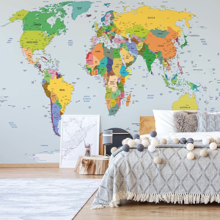 Political World Map Atlas Wall Paper Mural At Europosters - Wall Map World Mural