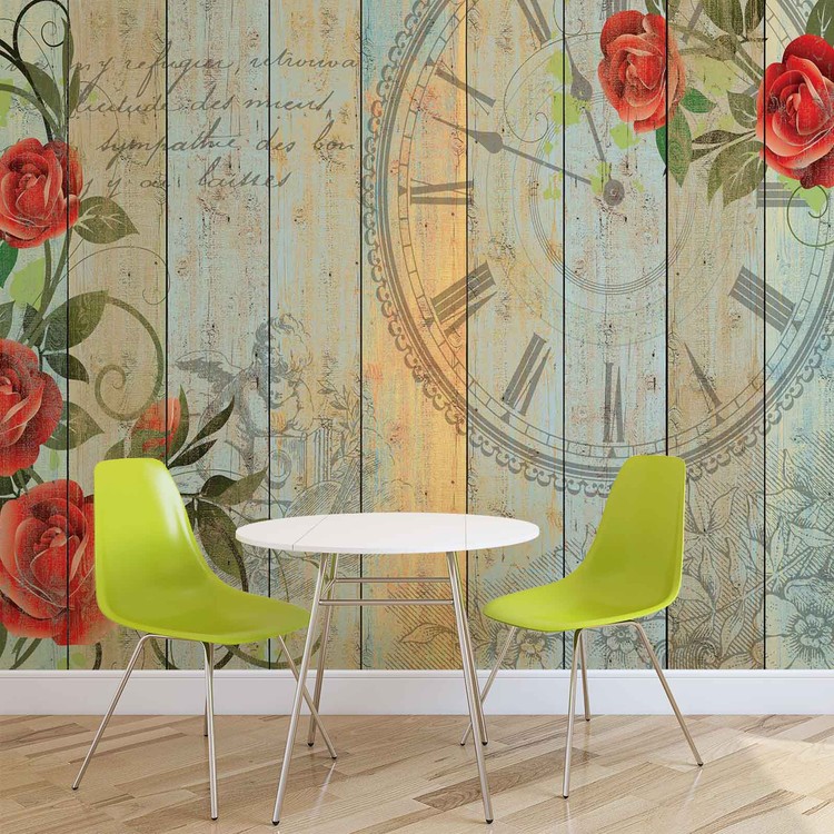 Roses Clock Wood Planks Vintage Wall Paper Mural | Buy at 