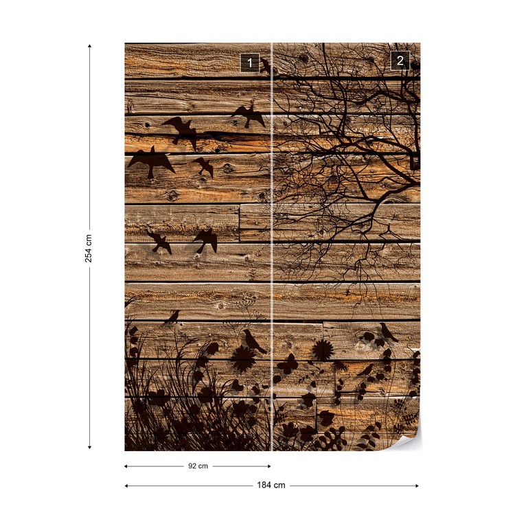 Rustic Birds And Tree Silhouette Wood Plank Texture Wall Paper Mural