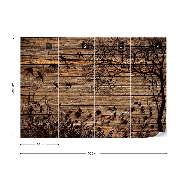Rustic Birds And Tree Silhouette Wood Plank Texture Wall Paper Mural