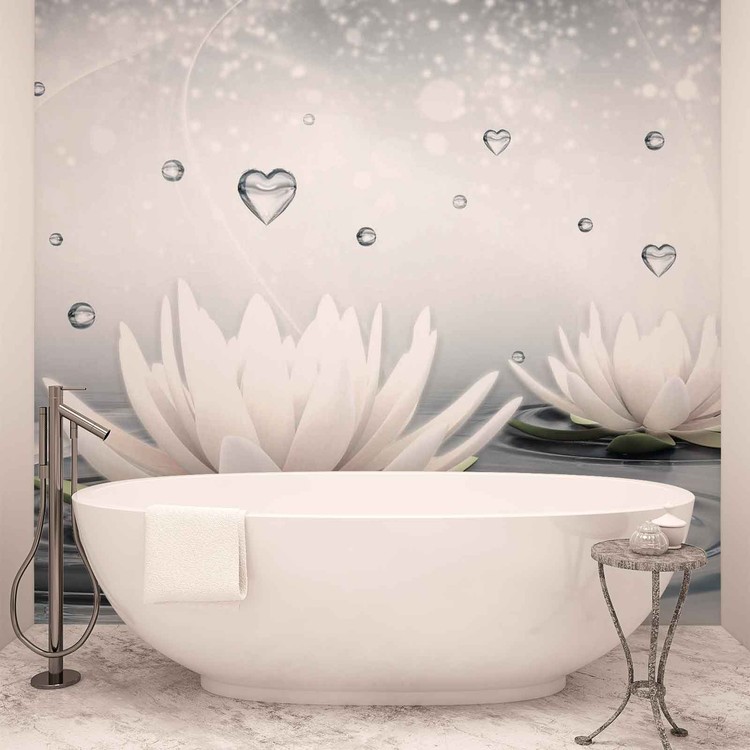 White Lotus Drops Hearts Water Wallpaper Mural