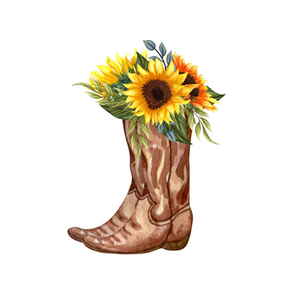 Sticker Watercolor Flowers in boots. Cowboy boot