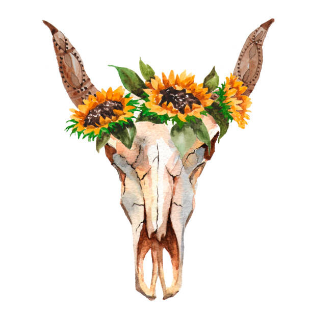 Sticker Watercolor isolated bull's head with flowers