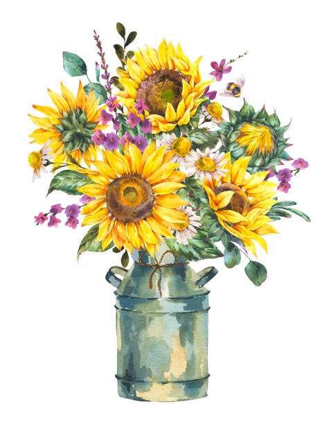 Sticker Watercolor rustic farmhouse sunflower bouquet, vintage
