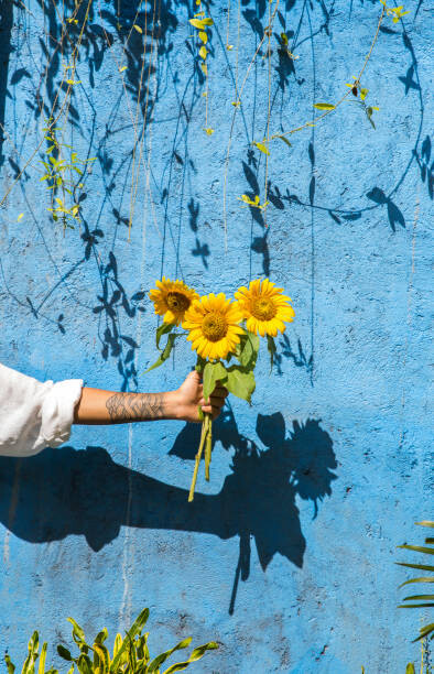 Sticker Woman holding sunflower in front of