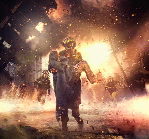 Αφίσα Caucasian firefighter saving boy in burning