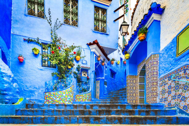 Αφίσα Chefchaouen, Morocco. Blue staircase and wall
