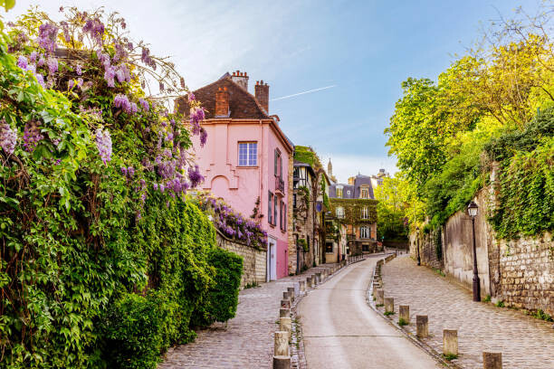 Αφίσα Street in Montmartre with blooming wisteria
