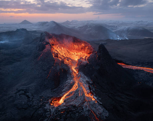 Картината върху платно Aerial view of volcano crater lava