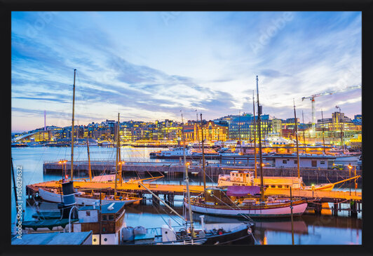 фотографія Oslo city, Oslo port with boats and yachts at twilight in Norway