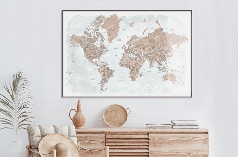 Map Neutrals and muted blue watercolor world map with cities, Calista