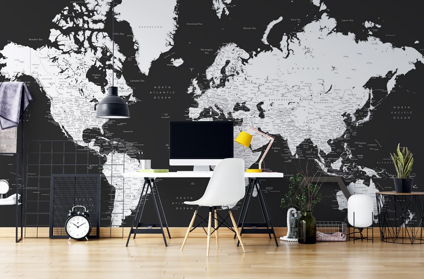 Canvas Print Black and white detailed world map with cities, Milo