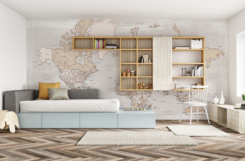 Mapa Neutrals and muted blue watercolor world map with cities, Calista