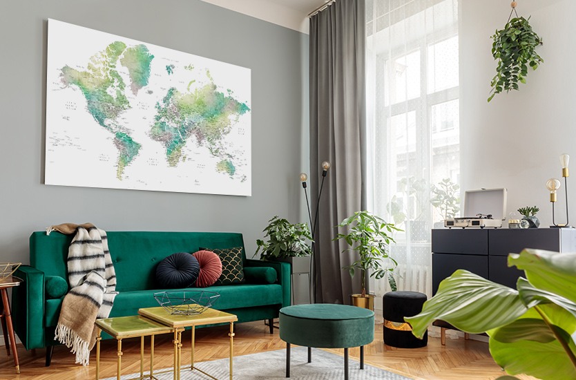 Map Watercolor world map with cities in muted green, Oriole